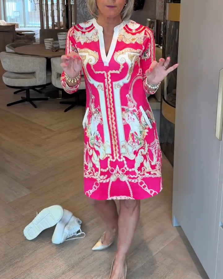 AOIBHEANN | PRINTED V-NECK DRESS WITH 3/4 SLEEVES
