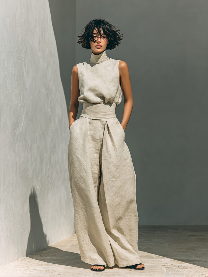 Maria - Women's Minimalist Cotton Linen Tank Top & Wide-Leg Trousers Set