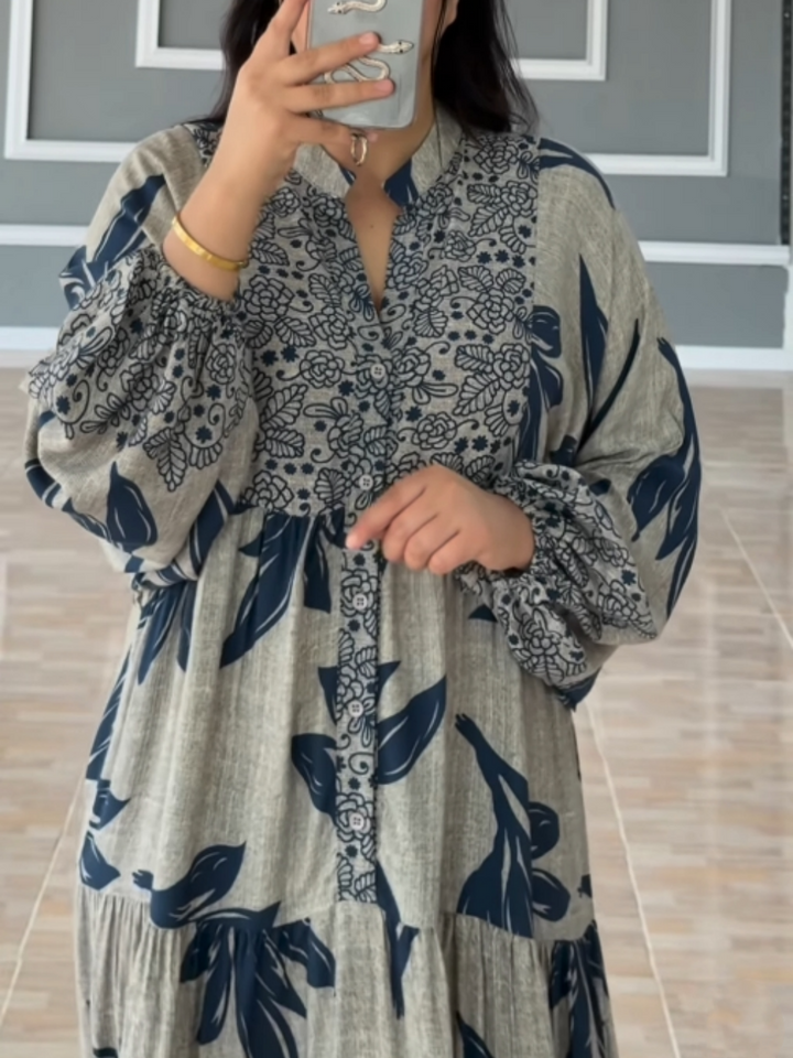 TREASA | PRINTED LANTERN SLEEVE LOOSE DRESS