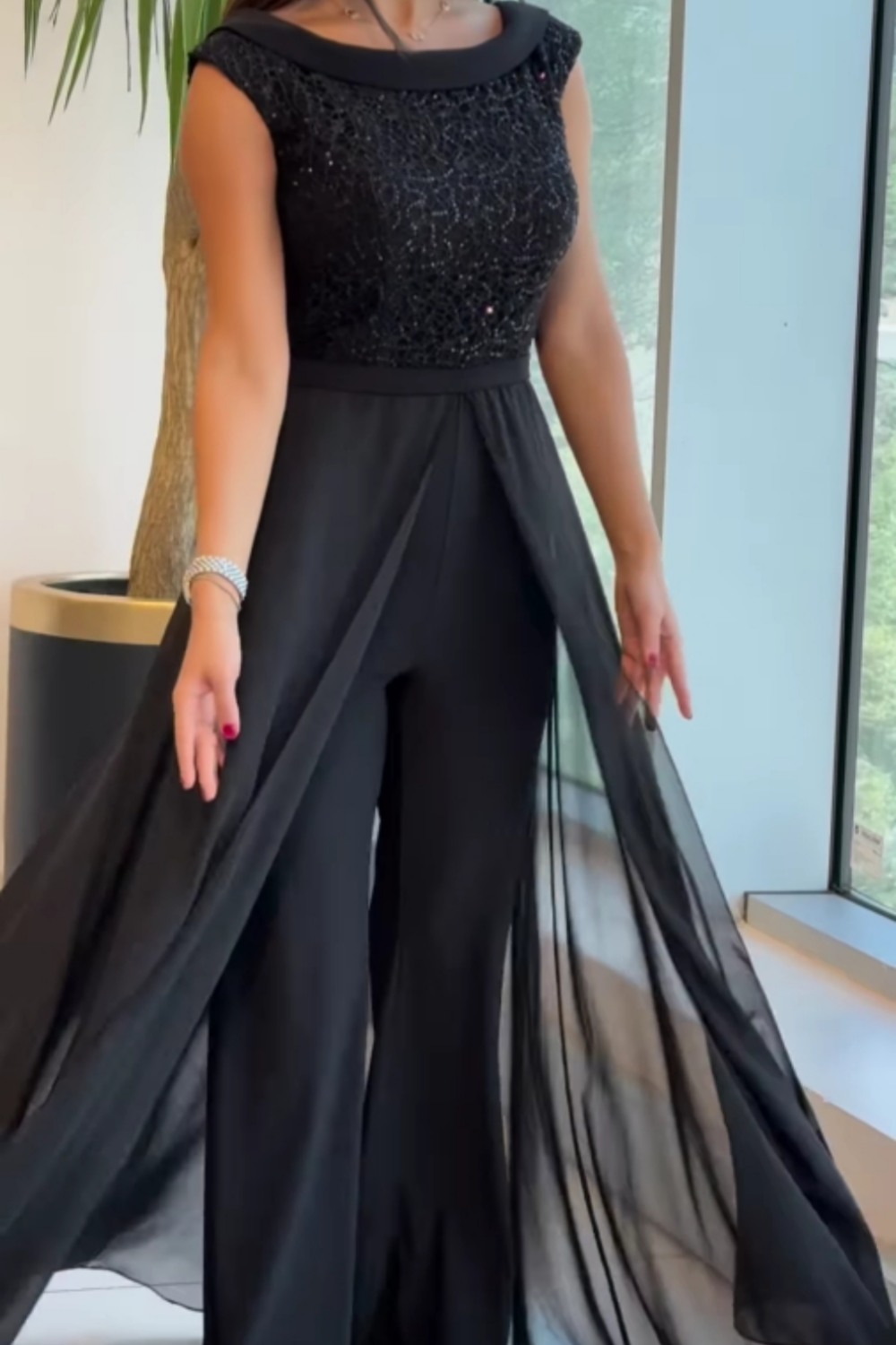 OONAGH | CREW-NECK TEXTURED-PANEL TULLE JUMPSUIT