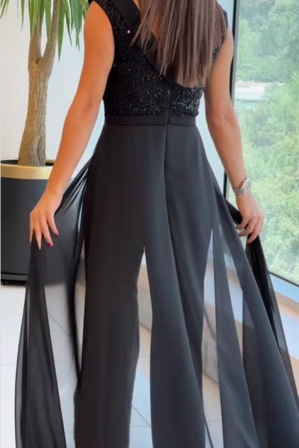OONAGH | CREW-NECK TEXTURED-PANEL TULLE JUMPSUIT