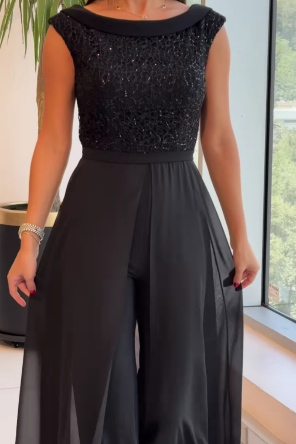 OONAGH | CREW-NECK TEXTURED-PANEL TULLE JUMPSUIT