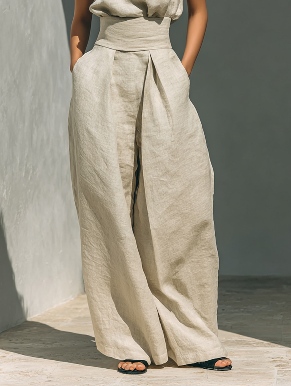 Maria - Women's Minimalist Cotton Linen Tank Top & Wide-Leg Trousers Set