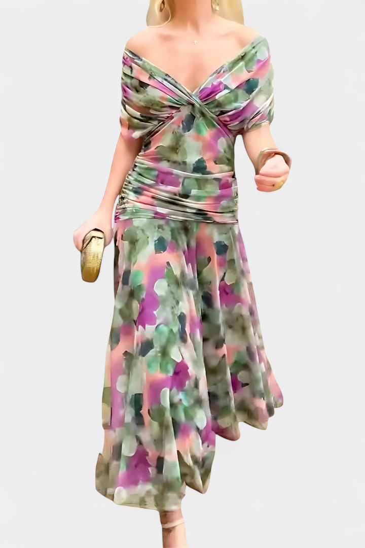 STEFANIA | ELEGANT LONG FLORAL V-NECK DRESS