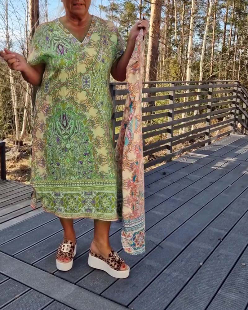 Ailina | Printed V Neck Midi Dress