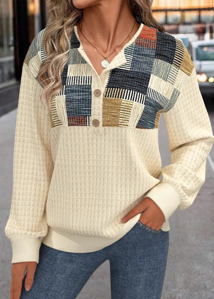 Linora | Patchwork Knit with Buttons Sweater