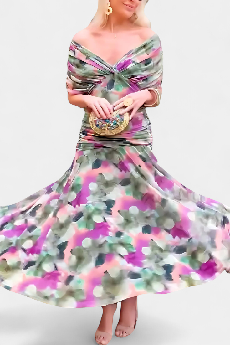 STEFANIA | ELEGANT LONG FLORAL V-NECK DRESS