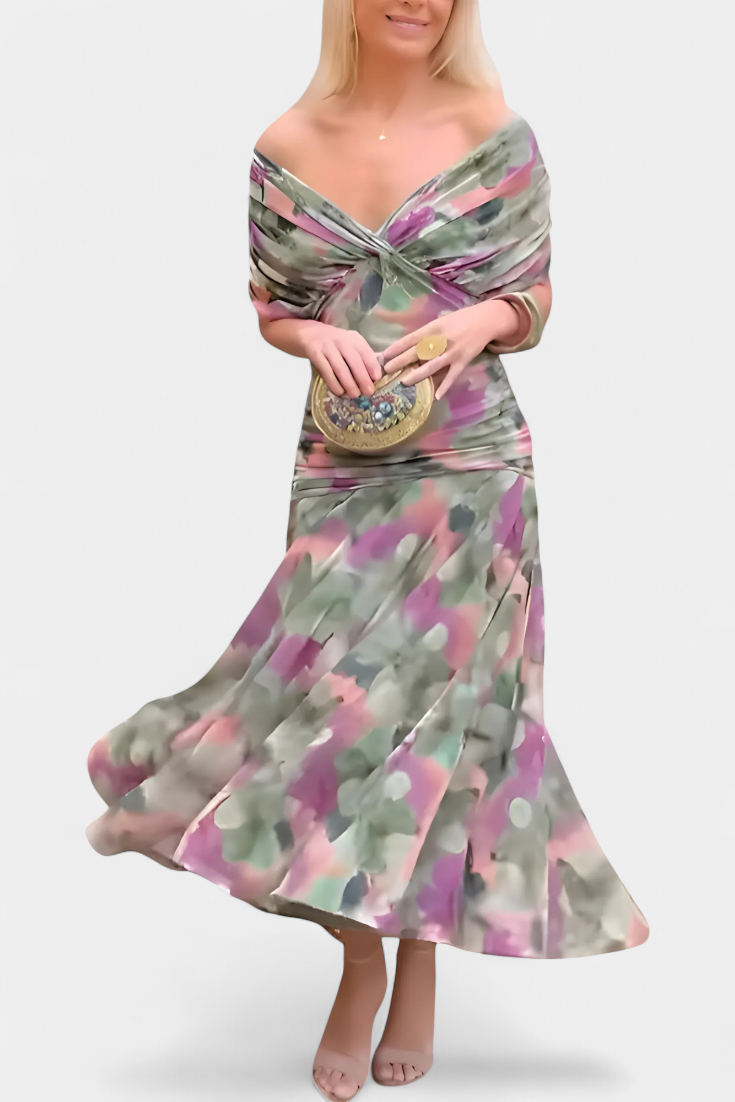 STEFANIA | ELEGANT LONG FLORAL V-NECK DRESS