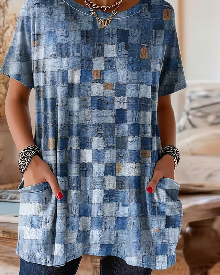 TREASA | COLOURFUL CHECK PRINT SHORT SLEEVE TOP