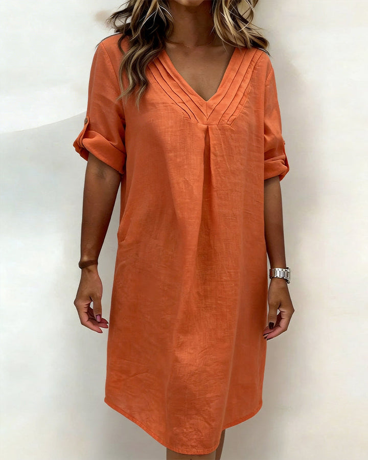 BLATHNAID | PLEATED 100% COTTON V-NECK DRESS