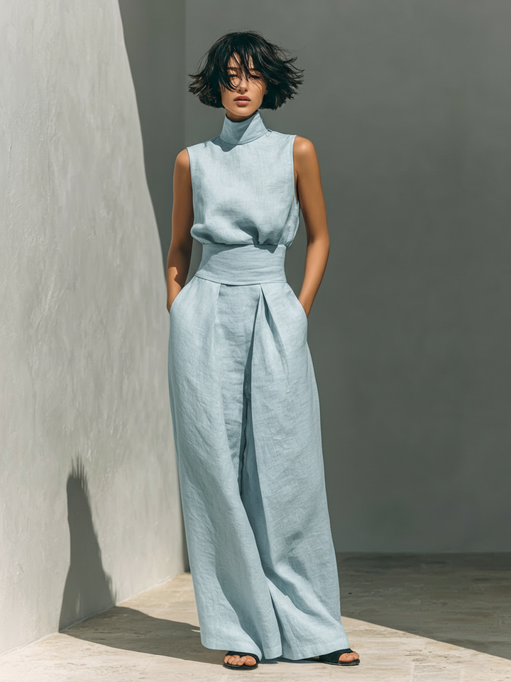 Maria - Women's Minimalist Cotton Linen Tank Top & Wide-Leg Trousers Set