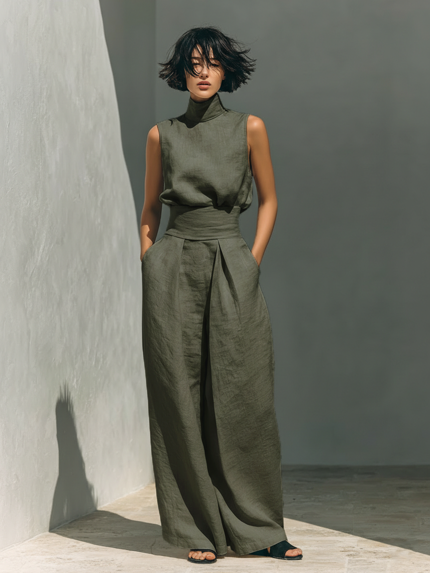 Maria - Women's Minimalist Cotton Linen Tank Top & Wide-Leg Trousers Set