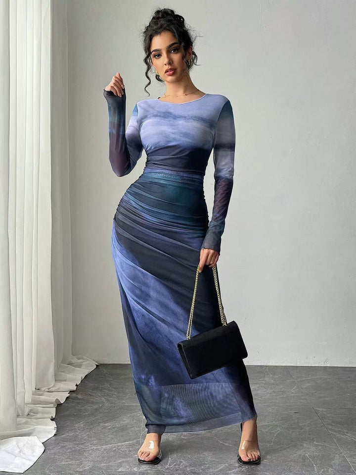 KEEVA | PRINTED LONG SLEEVE BODYCON MAXI DRESS