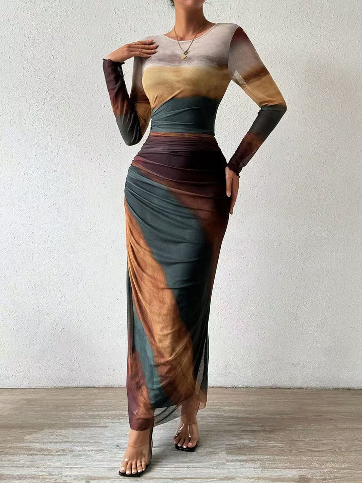 KEEVA | PRINTED LONG SLEEVE BODYCON MAXI DRESS