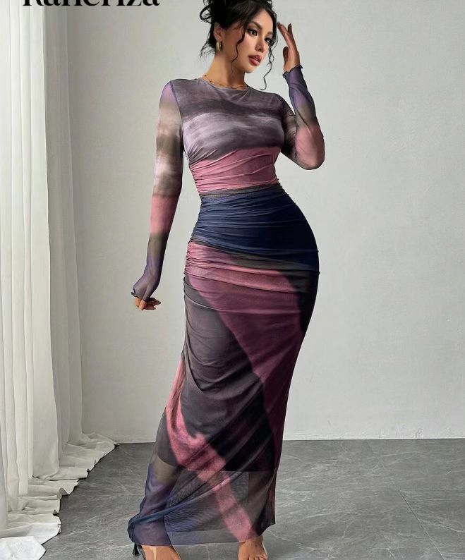 KEEVA | PRINTED LONG SLEEVE BODYCON MAXI DRESS
