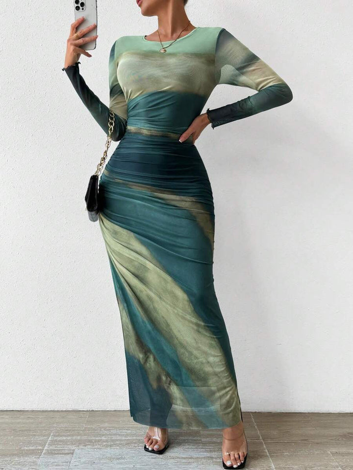 KEEVA | PRINTED LONG SLEEVE BODYCON MAXI DRESS