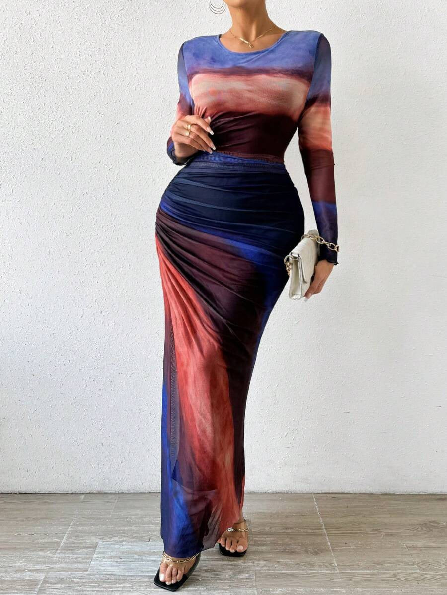 KEEVA | PRINTED LONG SLEEVE BODYCON MAXI DRESS