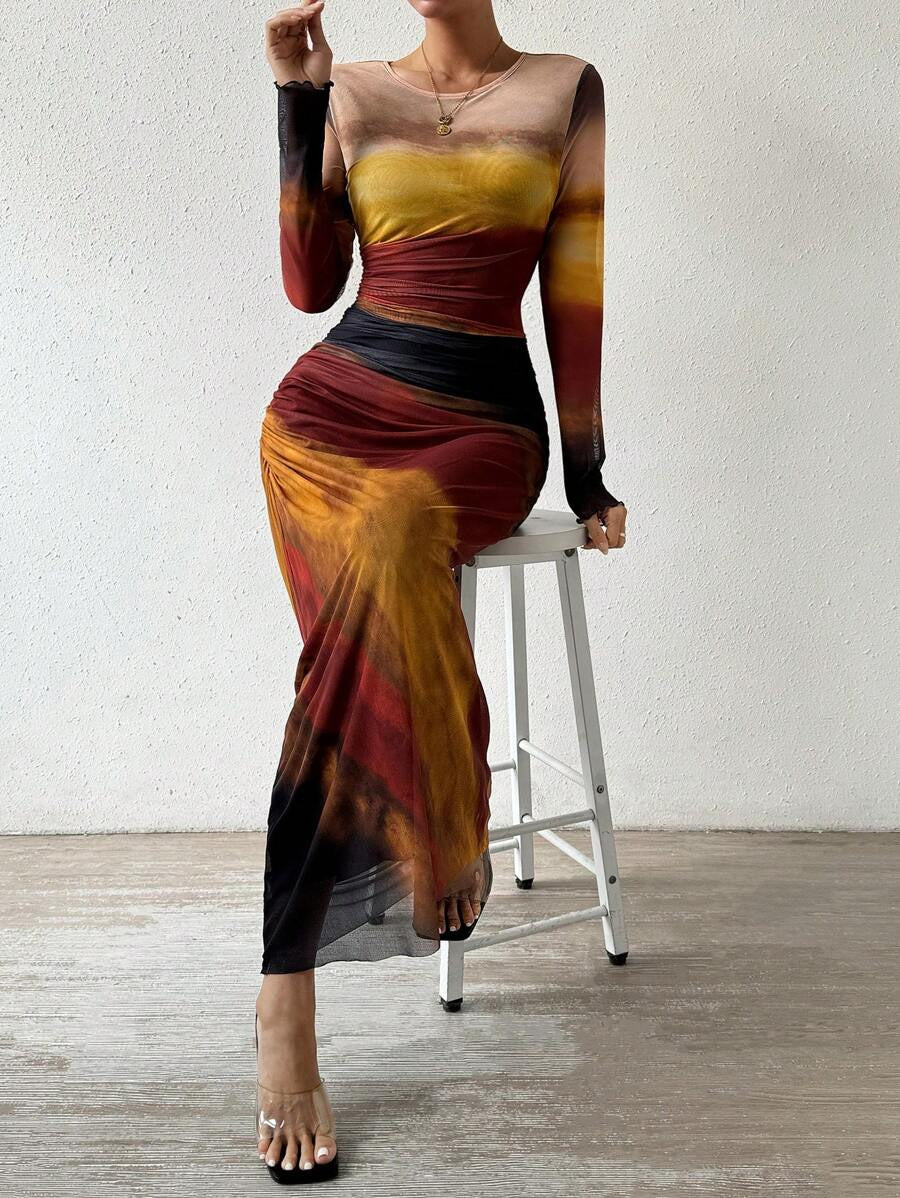KEEVA | PRINTED LONG SLEEVE BODYCON MAXI DRESS