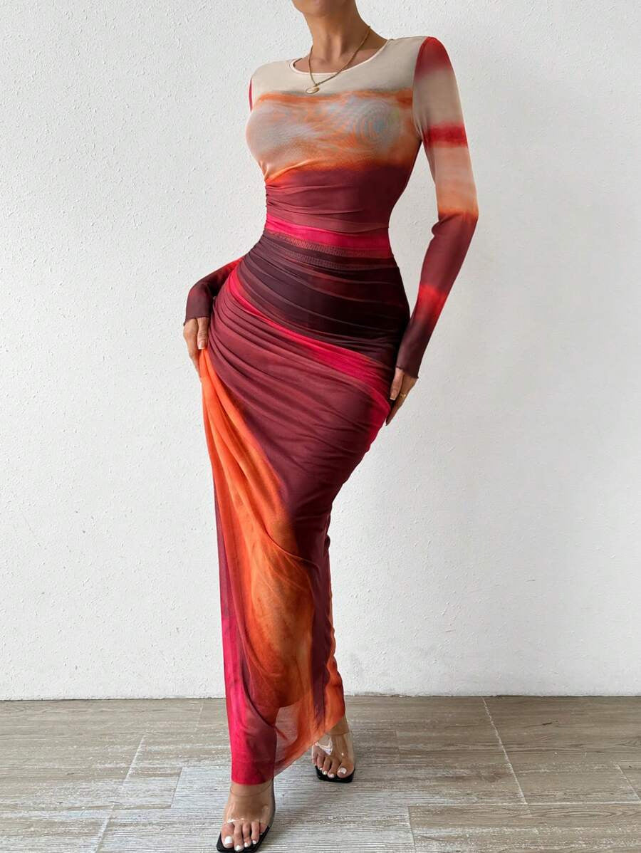KEEVA | PRINTED LONG SLEEVE BODYCON MAXI DRESS
