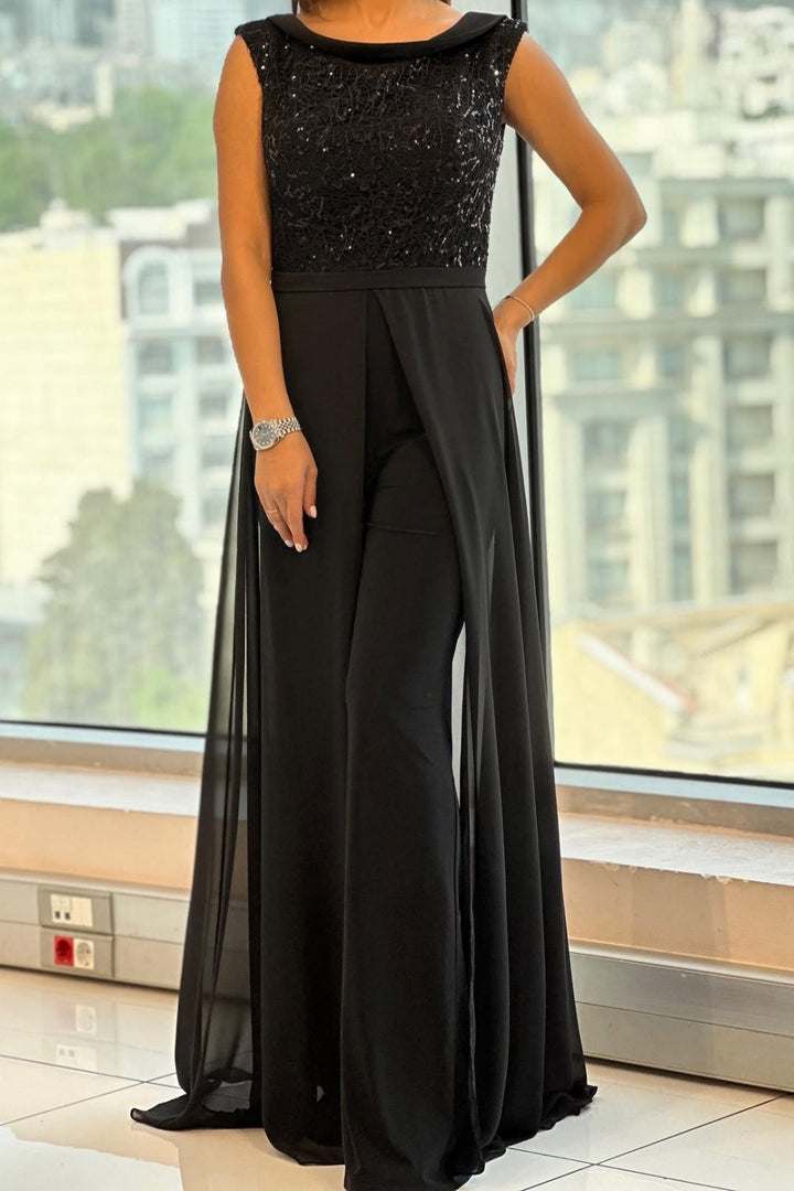 OONAGH | CREW-NECK TEXTURED-PANEL TULLE JUMPSUIT