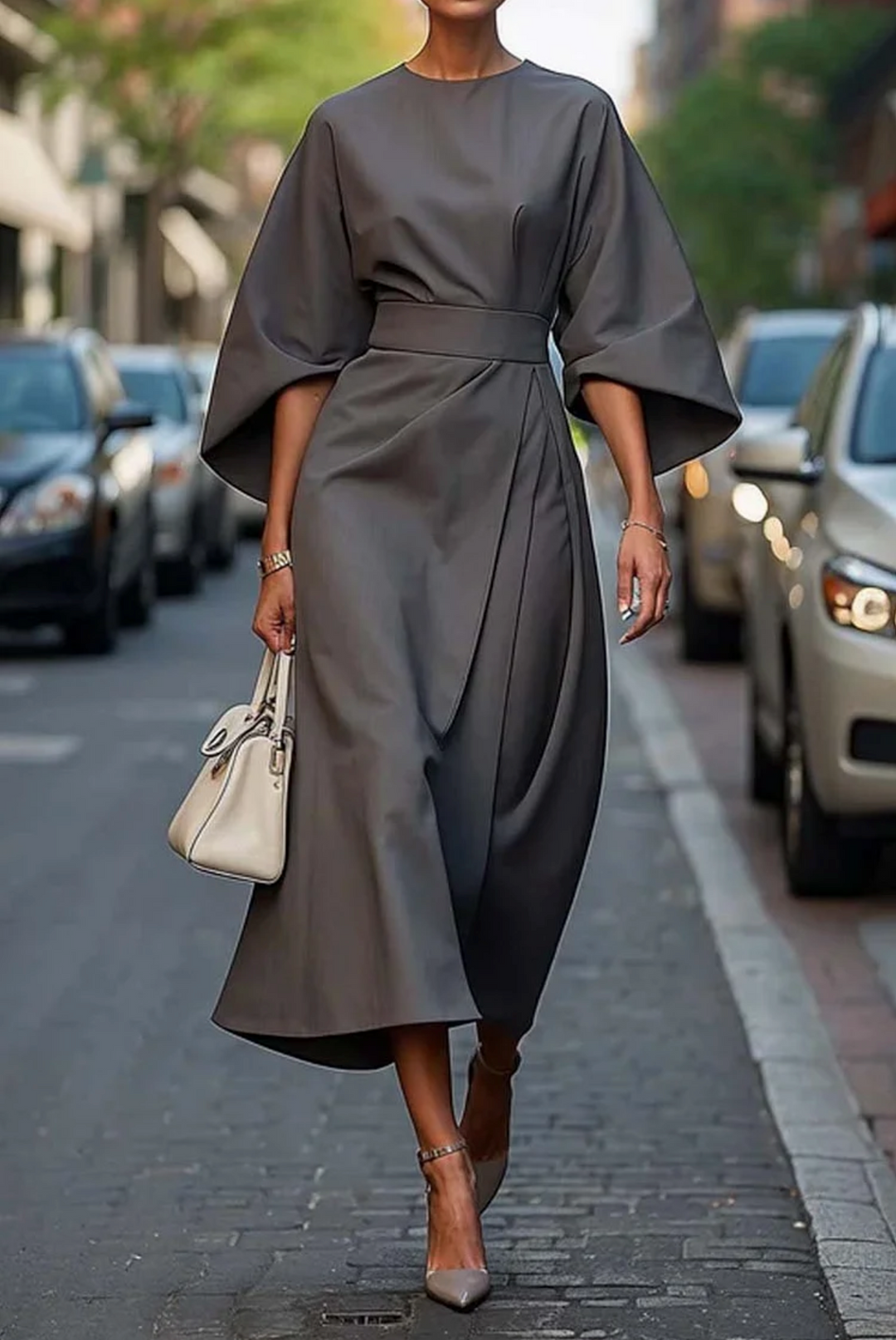 LILLIAN | ELEGANT DRESS WITH LANTERN SLEEVES AND BELT
