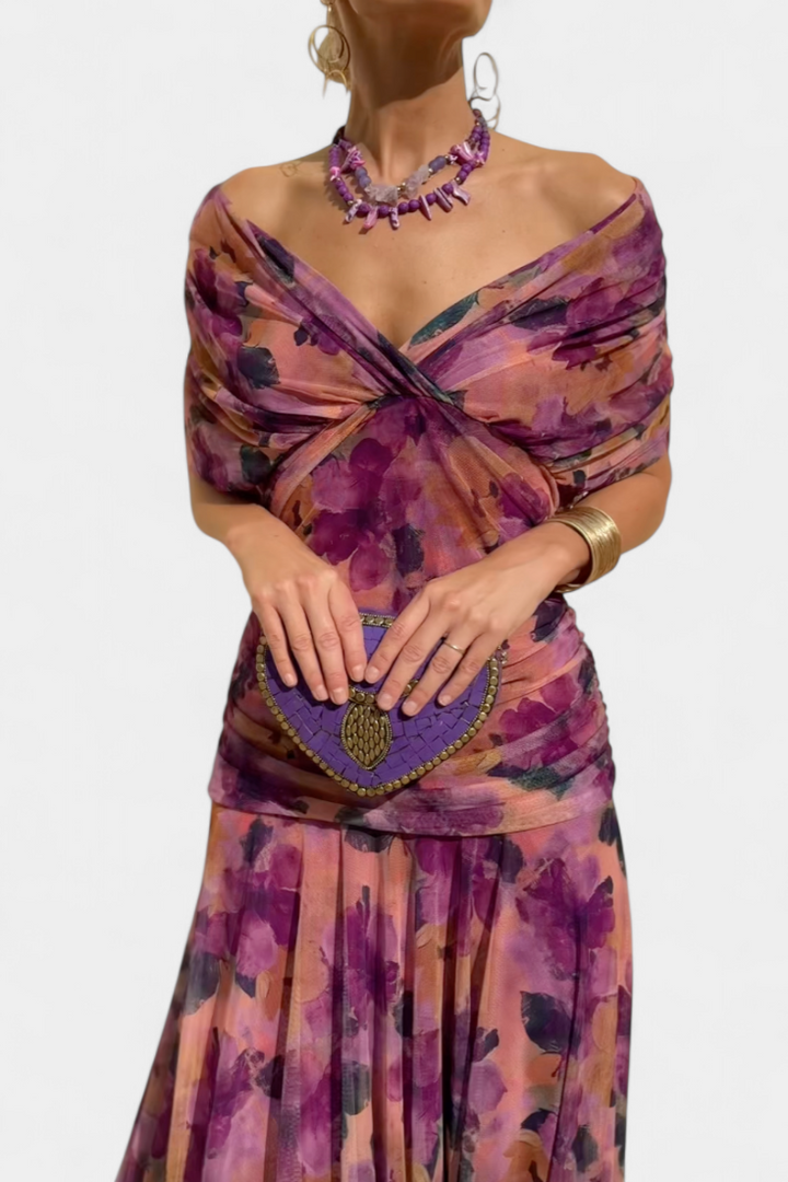STEFANIA | ELEGANT LONG FLORAL V-NECK DRESS