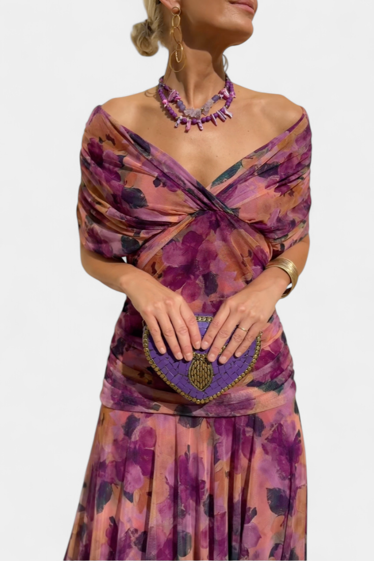 STEFANIA | ELEGANT LONG FLORAL V-NECK DRESS