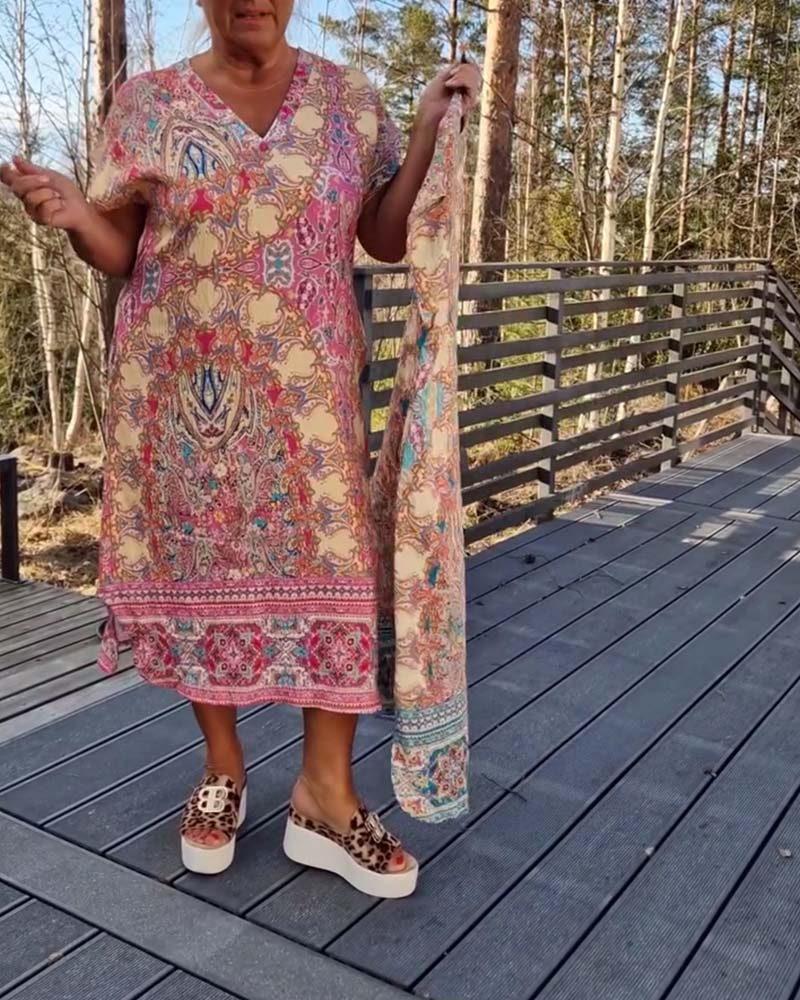 Ailina | Printed V Neck Midi Dress
