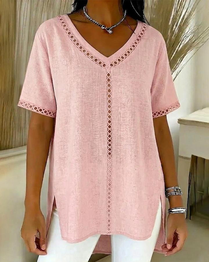 IDE | COTTON LINEN V-NECK BLOUSE