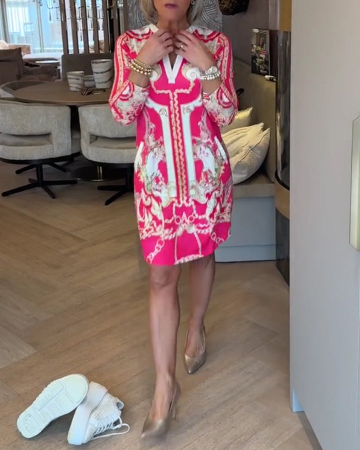 AOIBHEANN | PRINTED V-NECK DRESS WITH 3/4 SLEEVES