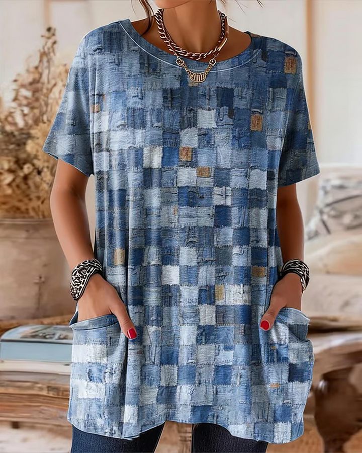 TREASA | COLOURFUL CHECK PRINT SHORT SLEEVE TOP