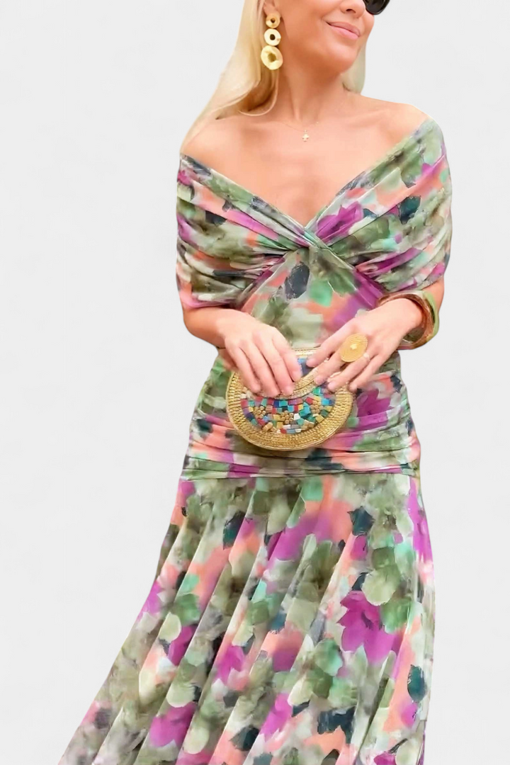 STEFANIA | ELEGANT LONG FLORAL V-NECK DRESS