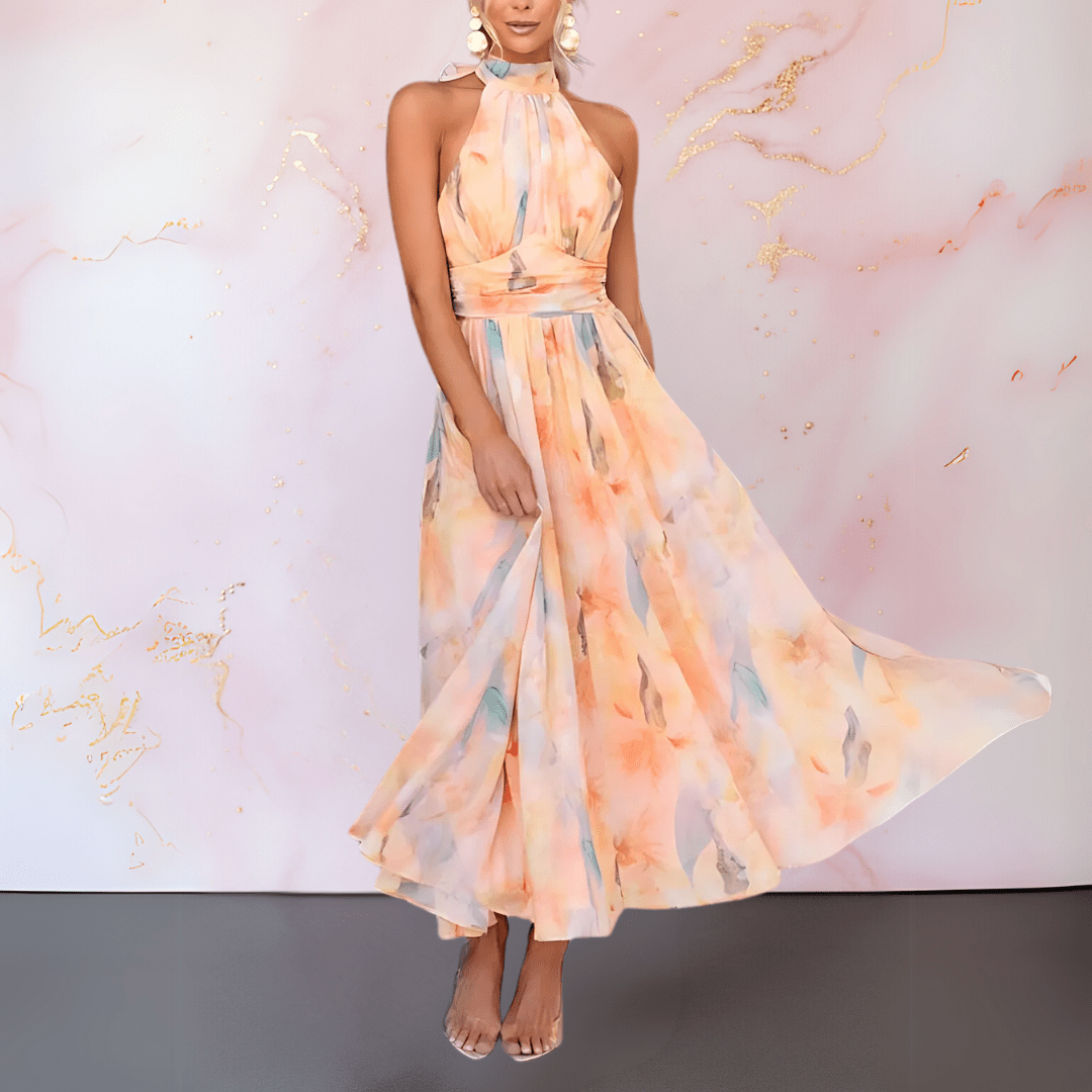 EMILINA | HALTERNECK WATERCOLOUR PRINT DRESS